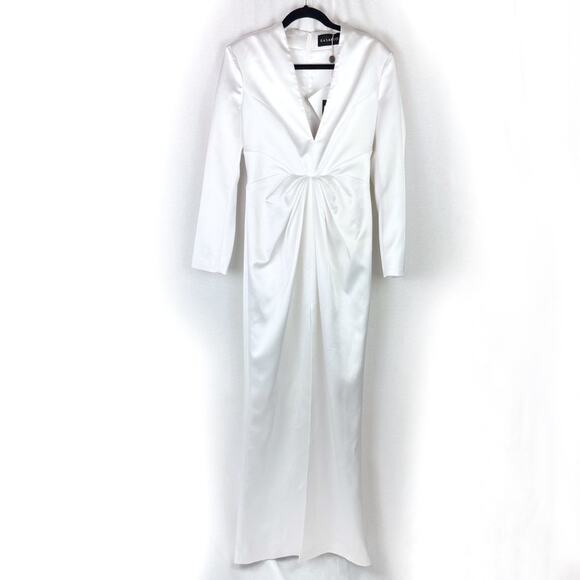 RASARIO White Satin Draped Long Sleeve V Neck Gown Dress Size FR 40 US 6 NWT - Picture 1 of 8